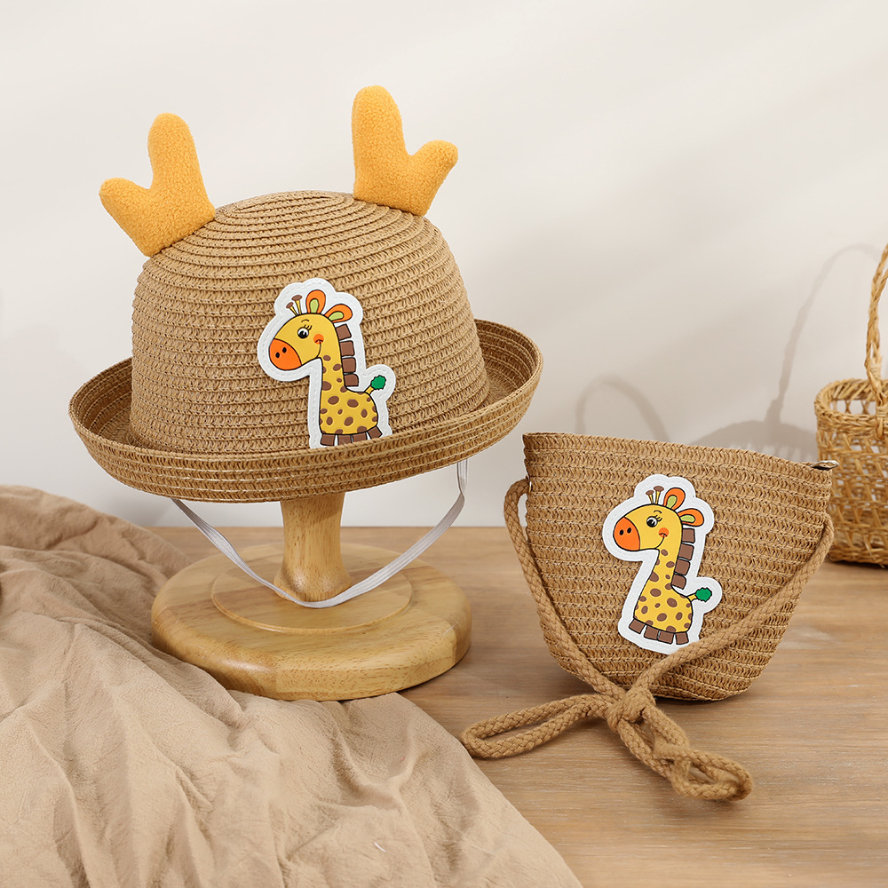 Children's Straw Hat Summer Sun-Shade Sun Protection Hat + Bag Set Korean Style Boys and Girls Cartoon Beach Sun Hat Cool