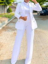 2022 Elegant Women Blazer Sets Buttons White Wide Leg Pant S