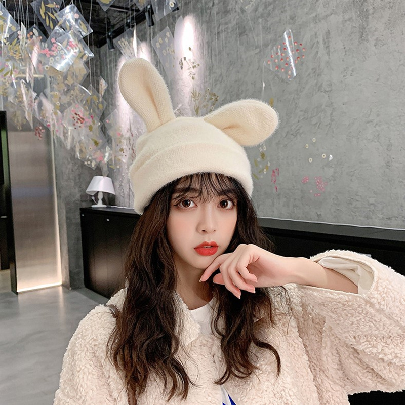 秋冬针织帽兔耳朵毛线帽女甜美可爱保暖包头帽日系软妹in网红冷帽