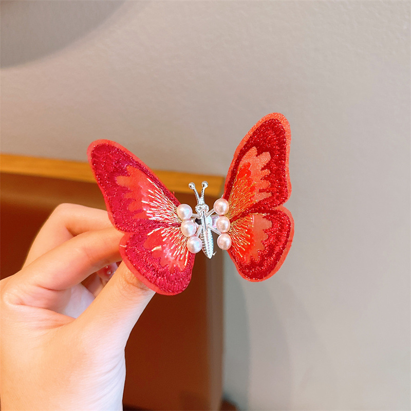 New Super Fairy Moving Butterfly Barrettes Children's New Year Red Embroidery Butterfly Hairpin Female Clip Little Princess Headdress