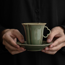 越窑青瓷四叶草复古手工茶杯马克杯办公室泡茶杯咖啡杯带杯垫套装