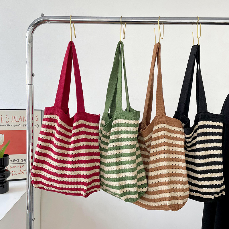 Korean Dongdaemun Special-Interest Design Knitted Striped Shoulder Bag Casual All-Match Handbag Woven Bag Tote Bag for Women