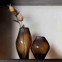 客厅水养插花棕色琉璃花瓶感轻奢鲜花样板间茶色摆件厚重玻璃花器