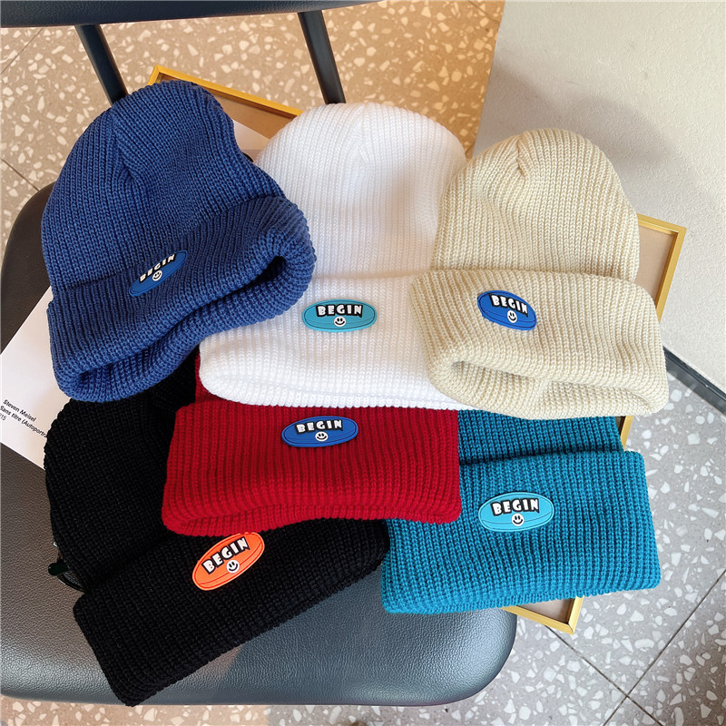 学生简约保暖帽子冷帽蓝色百搭冬季笑脸纯色贴标针织加厚毛线帽