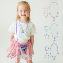 儿童新品合成珍珠饰品套装可爱卡通美人鱼尾串珠项饰手链耳环套装