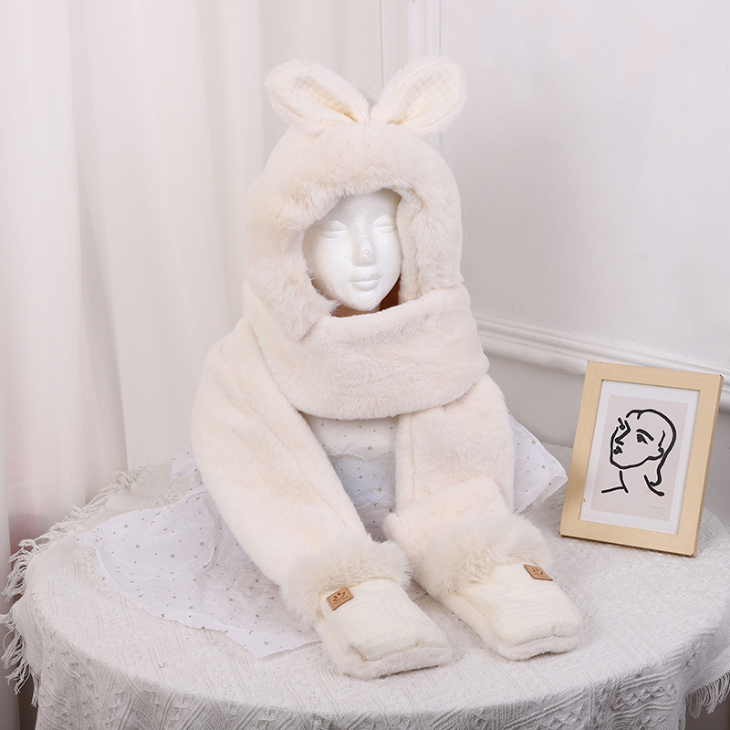 New Thickened Bear Hat Women's Winter Scarf Three-Piece Set Plush Cute Warm Scarf One-Piece Hooded Gloves