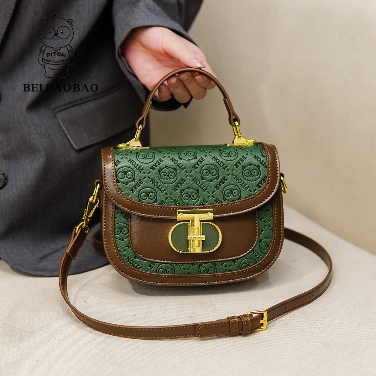 北包包正品手提撞色压花小熊包包女2024新款单肩斜挎百搭休闲韩版