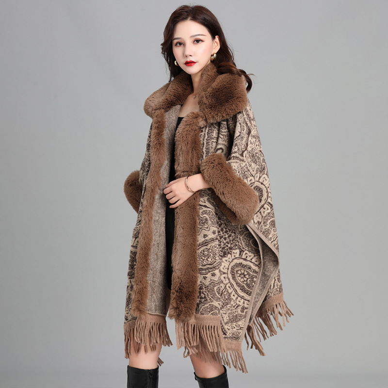 Fashion Cape Cloak Women‘s Winter New Woolen Coat Elegant Shawl French Overcoat Mid-Length Retro Fur
