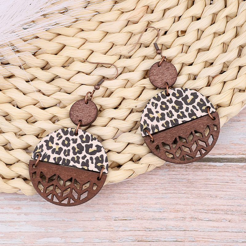 Cross-Border Vintage Leopard Print Hollow Wood Piece Wood Grain round Earring Pendant for Ladies Earrings AliExpress Amazon Xi Yin