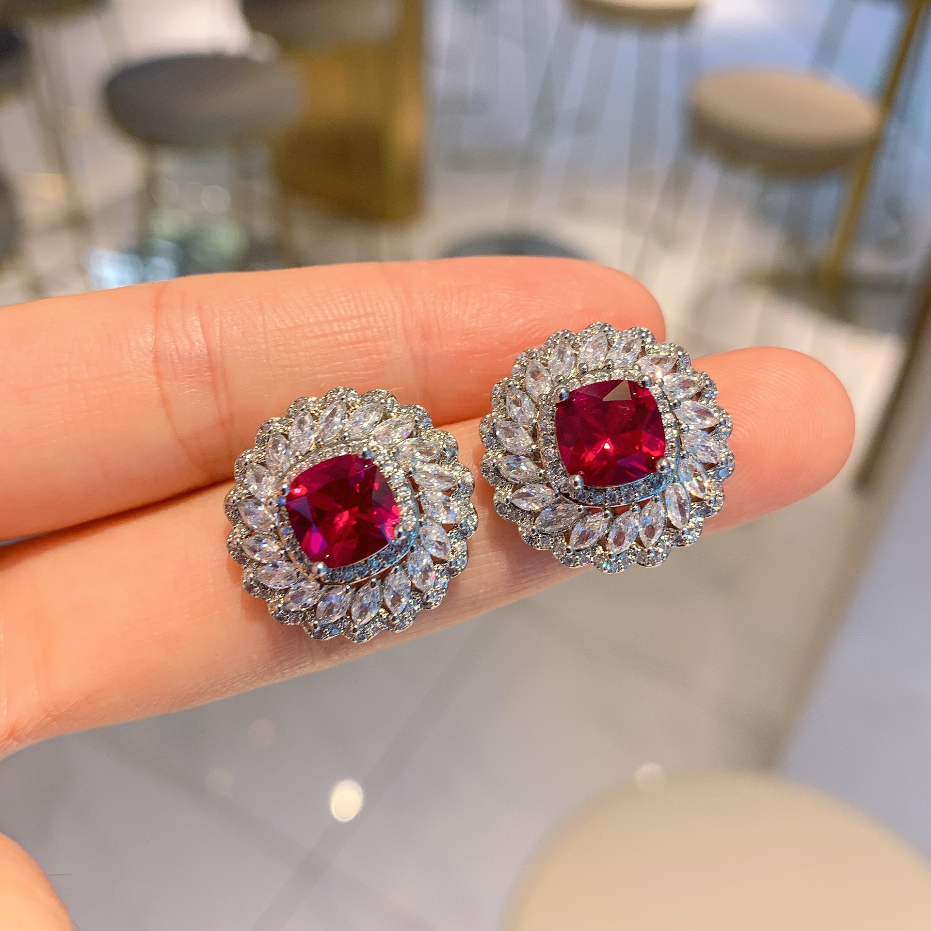 Zhuang Sheng Jewelry European and American Imitation Pigeons-Blood Ruby Square Luxury Inlaid Eardrops Stud Earrings Ring Jewelry Set