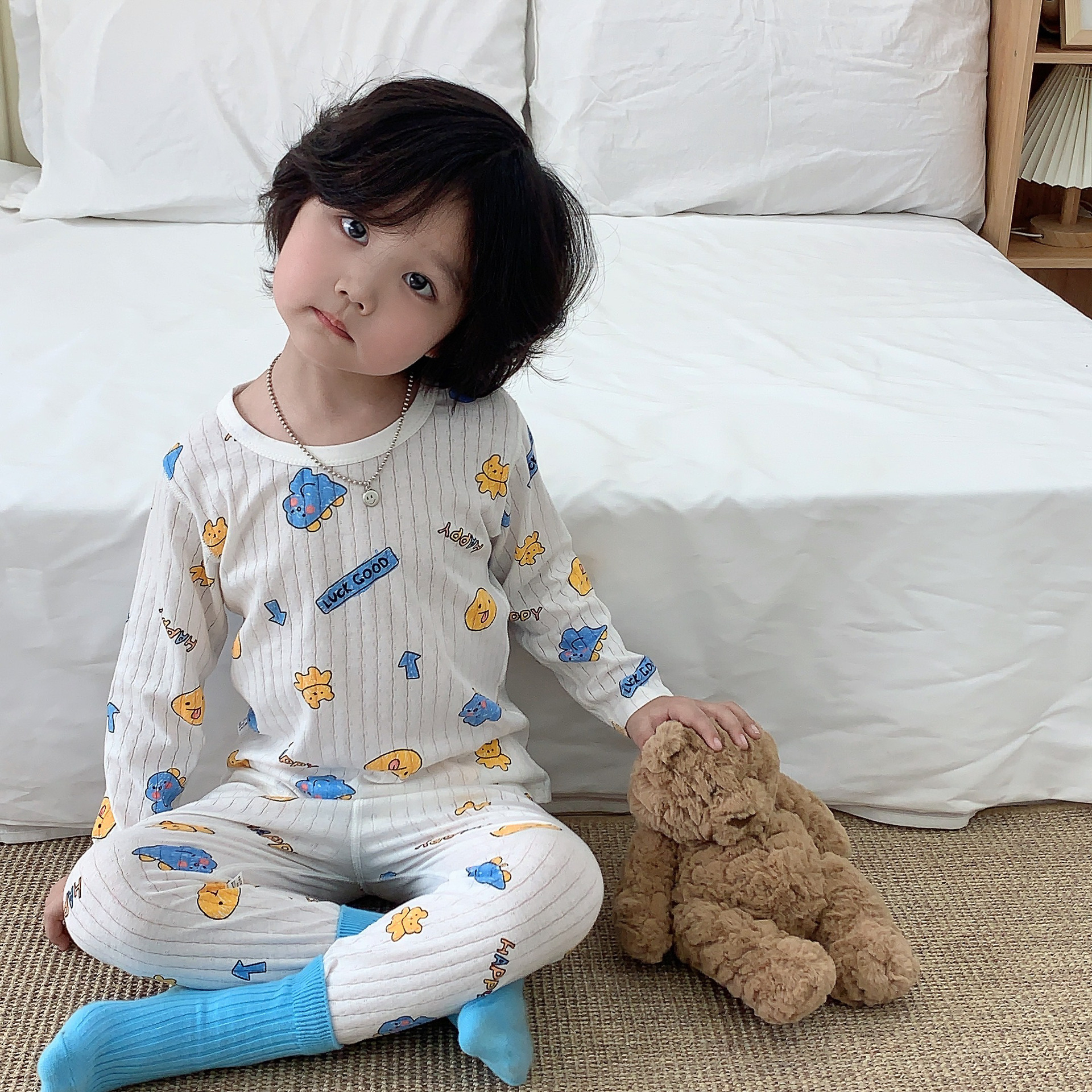 儿童长袖空调服男孩夏季薄款纯棉睡衣男女童套装中大童女孩家居服