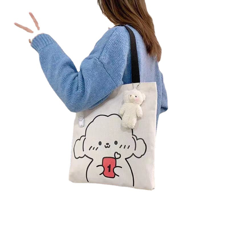 Korean Ins Large Capacity Canvas Bag Female Student Handbag for Class College Style All-Match and Cute Little Bear Shoulder Bag