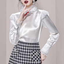 跨境女装2021新款珍珠白缎面气质荷叶立领衬衫设计感女性感衬衣