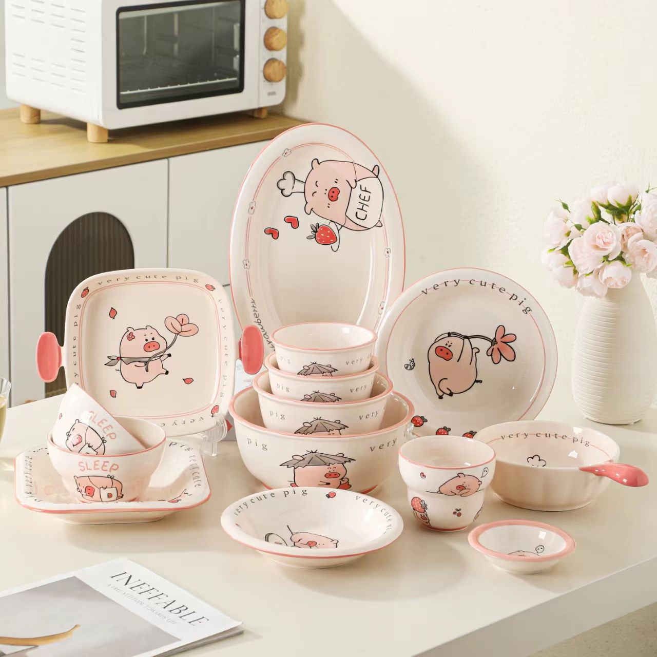卡通可爱猪事如意陶瓷碗盘餐具碗碟套装家用米饭碗泡面碗汤碗菜盘