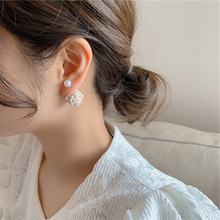 925银针法式复古贝壳花朵珍珠球状耳环女超仙气质个性时尚耳钉