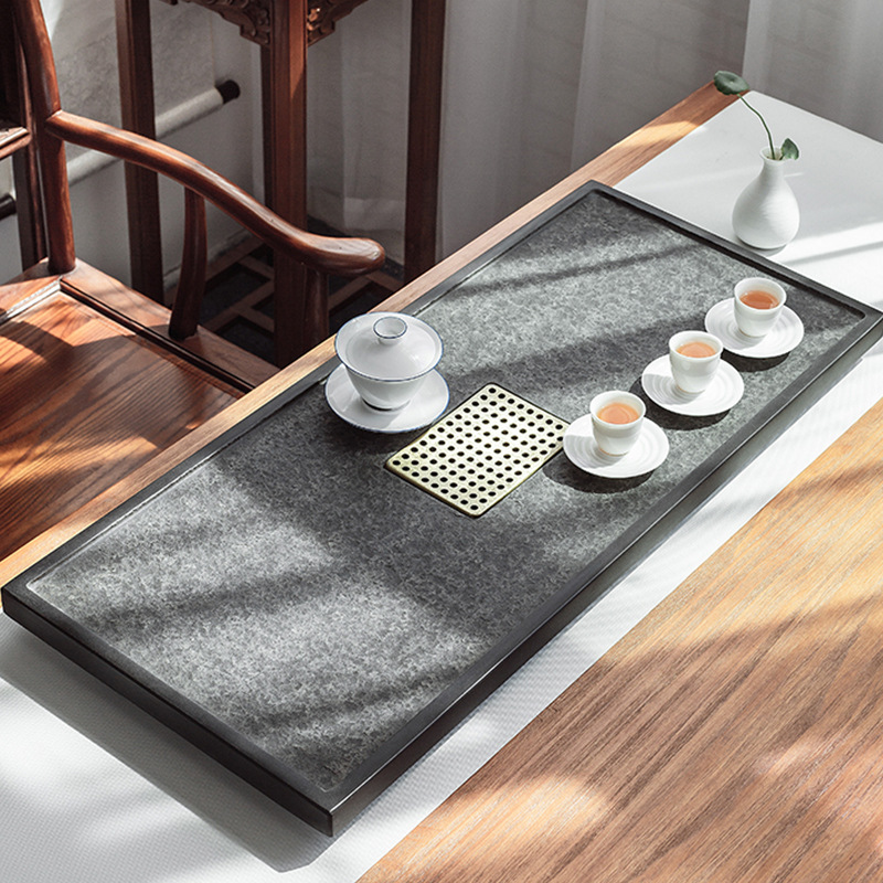 乌金石茶盘石头茶海火烧面茶台石材天然大号石茶盘排水简约黑金石