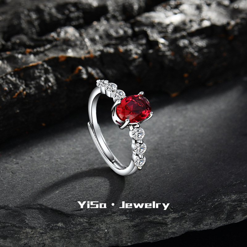 跨境轻奢椭圆鸽血红红宝石钻戒戒指女镶嵌锆石满钻可调节指环批发