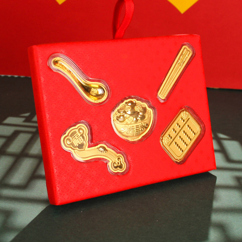 虎年周家同款大福黄金丰衣足食 足金五福临门五件套 婚庆满月礼品