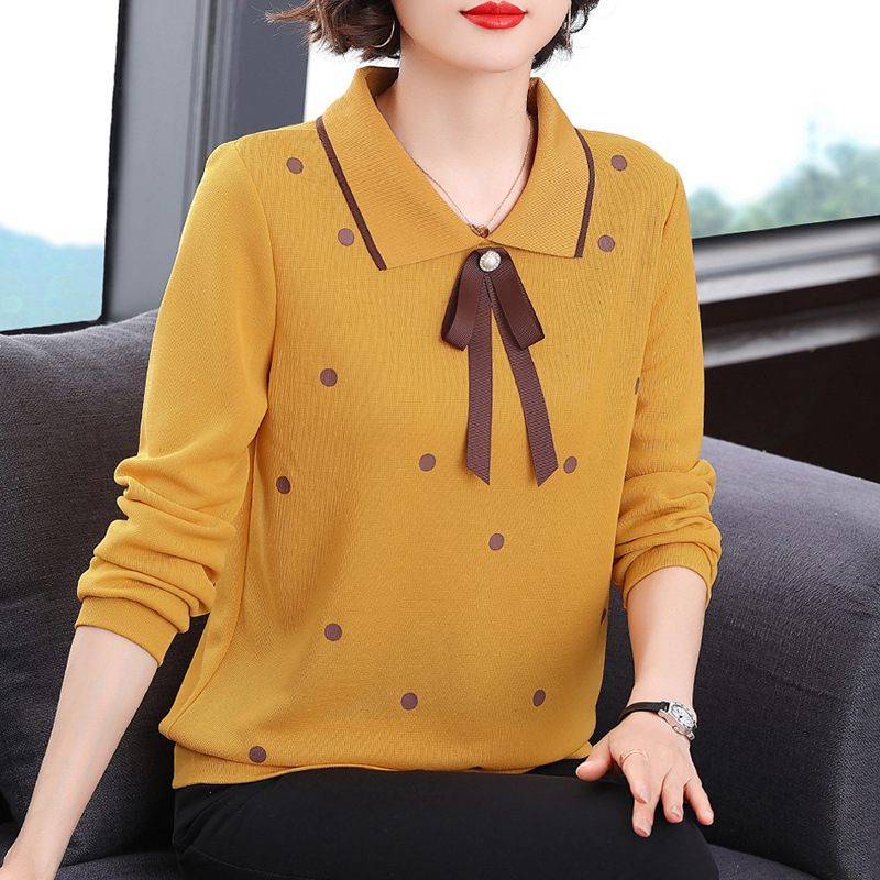 Women's Outer Wear plus Size Cotton T-shirt Long Sleeve Spring and Autumn Clothing Doll Collar Middle-Aged Mom Bottoming Shirt Polo Collar Top