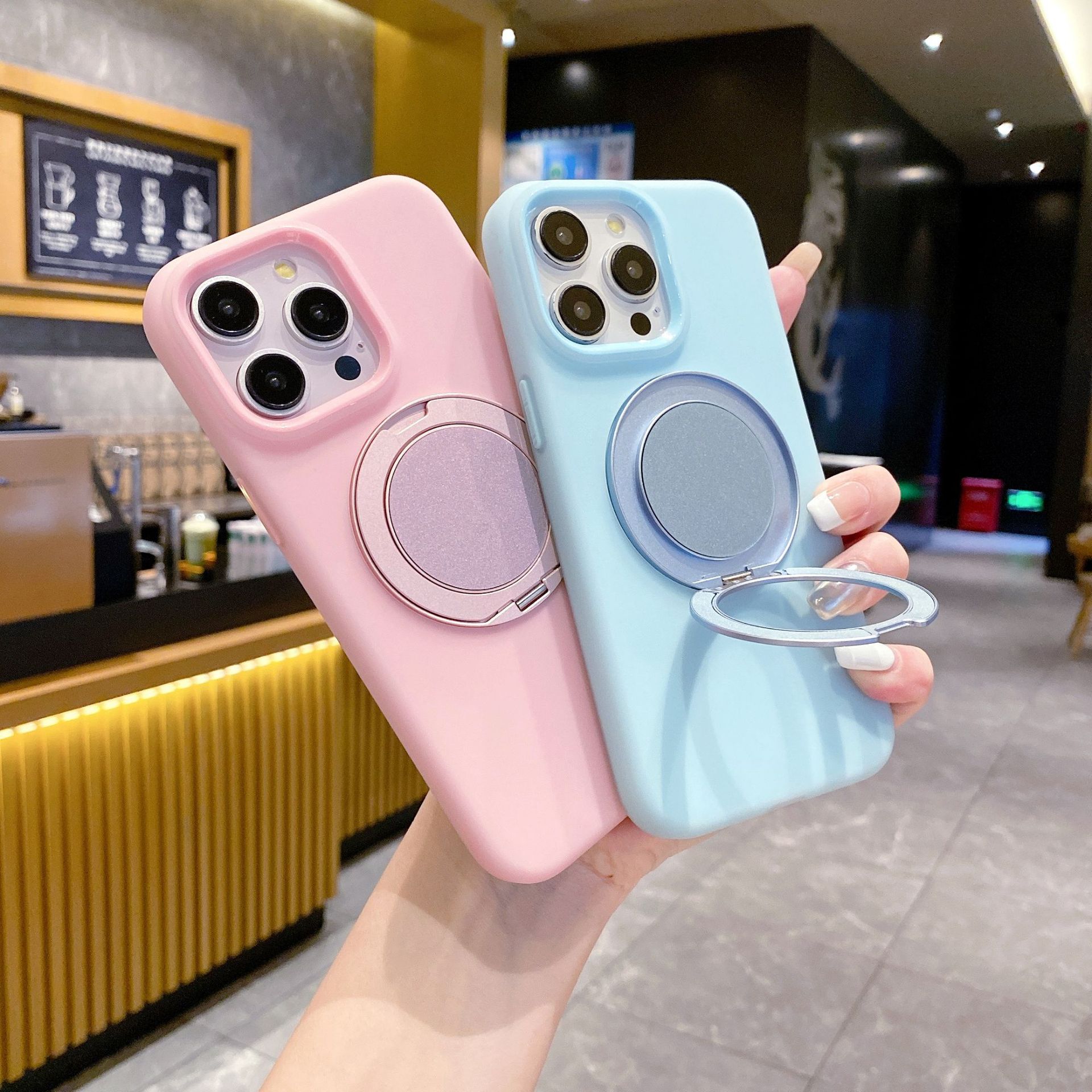 适用iphone 15液态硅胶手机壳简约360°旋转支架磁吸手机保护套