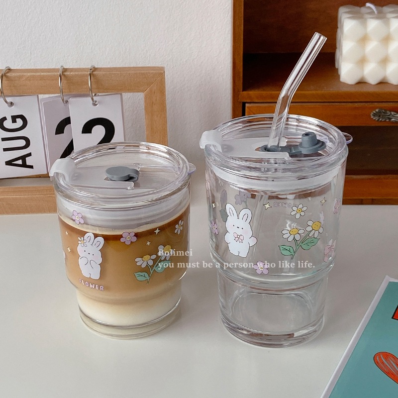 Thermal Transfer Printing Flower Room Rabbit Glass Straw Cup Girl Heart Glass Cup Milk Tea Cup Student with Cover