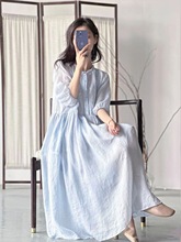2023新款茶歇法式仙气超仙森系梨形身材微胖穿搭蓝色连衣裙女夏季