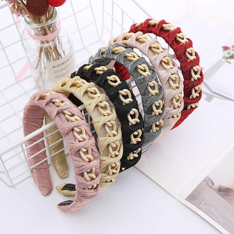 European and American Hot Chain Woven Fabric Headband Women's Amazon Fashion Simple Hair Pressing Headwear Wide-Brimmed Hair Band Hair Accessories