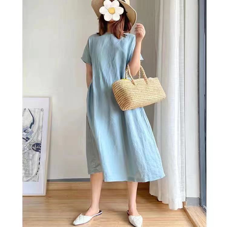 Simple Art-Style Loose Slimming Cotton Dress Women's Summer 2023 New Large Size Plump Girls Mid-Length Dress