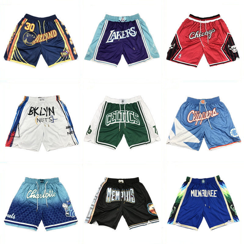现货刺绣口袋短裤湖人黄蜂独行侠凯尔特人灰熊勇士复古五分裤球裤