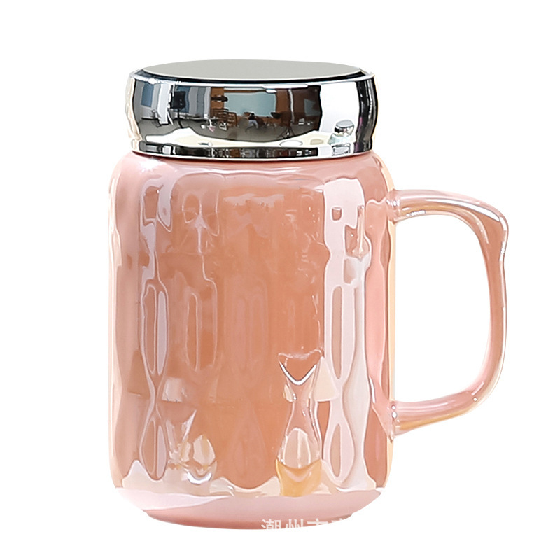 Creative Fashion Pearlescent Glaze Couple Mug Good-looking Water Cup Large Capacity Office Coffee Ceramic Cup with Lid
