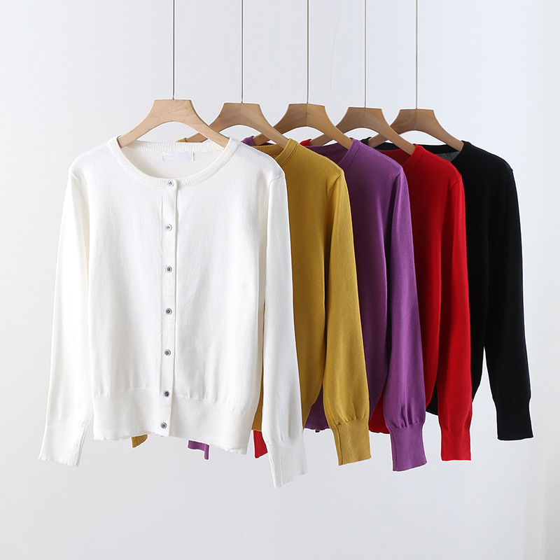 春秋新款女圆领开衫薄款纯色女款宽松针织衫不起球甜美韩版外套