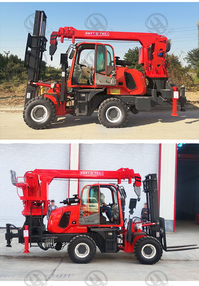 四驱越野叉车吊厂家 多用途越野叉车加装吊臂360度旋转5吨叉车吊