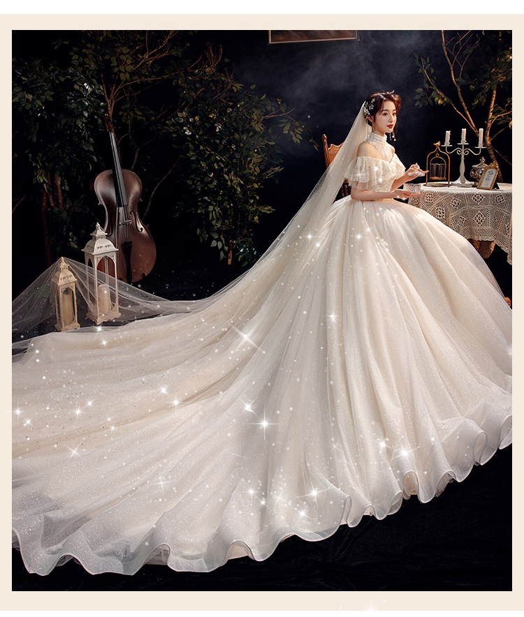 星空婚纱主轻婚纱2021新款齐地新娘结婚长拖尾法式一字肩森系梦幻