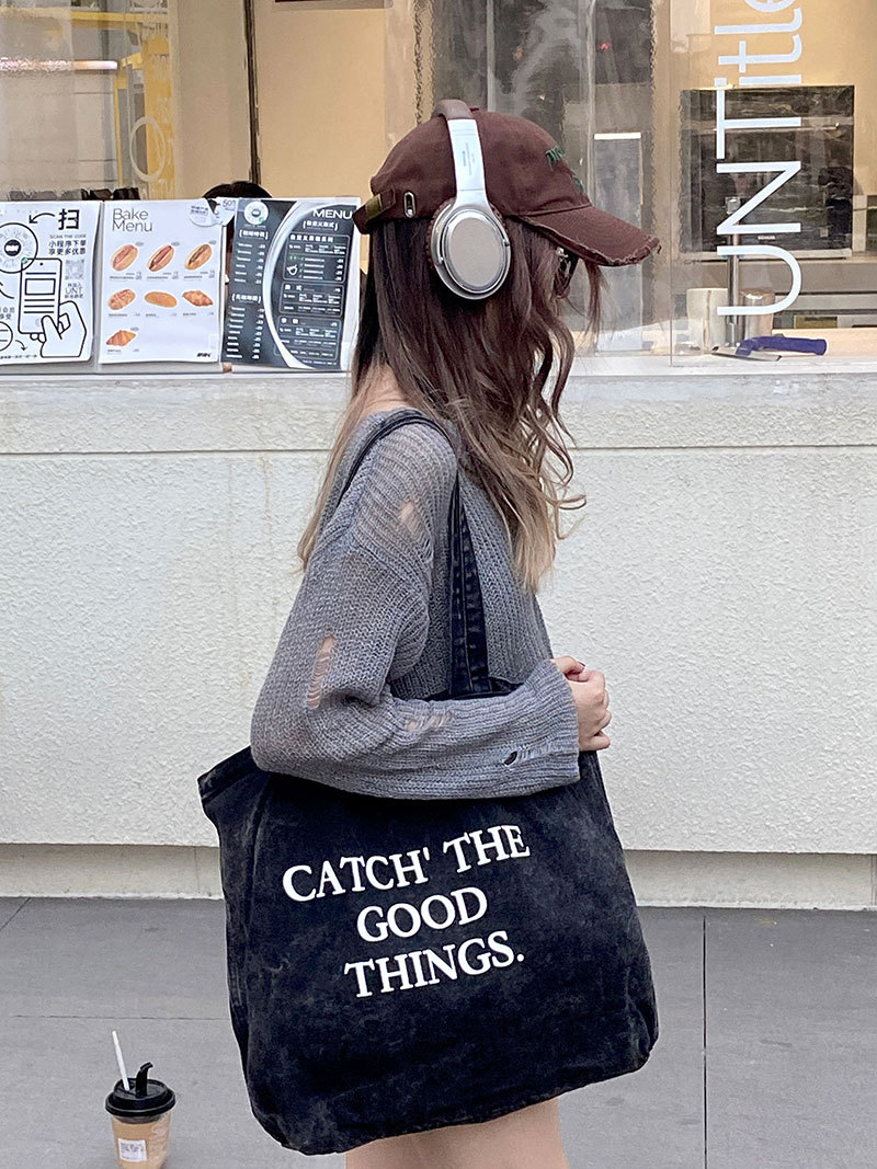 Japanese Style Simple Jean Bag Female Letter Printed Canvas Bag Student Daily Commuter Hand-Carrying Bag Large Capacity Shoulder Bag