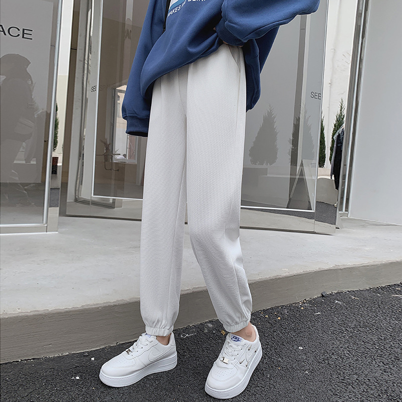 华夫格运动裤女2022春季新款宽松显瘦束脚白色卫裤高腰休闲哈伦裤