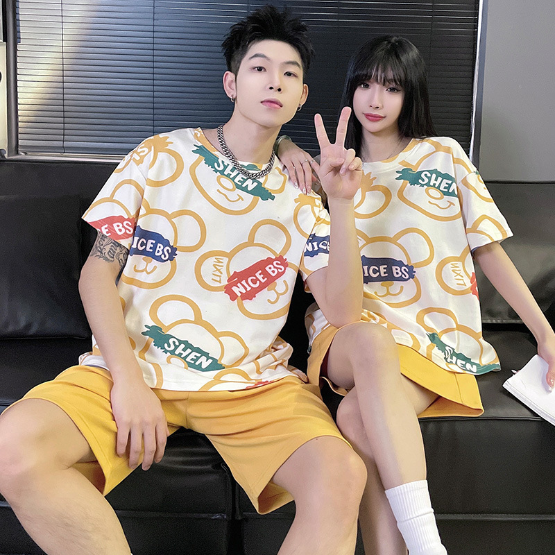 Couple Pajamas Women's Summer Short Sleeve New Korean Style Sweet Student Cute Cartoon Loose plus Size Men's Home Wear