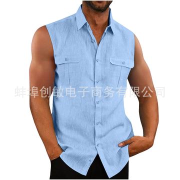 新品跨境速卖通ebay欧美男士衬衫双口袋棉麻无袖衬衫休闲度假衬衫