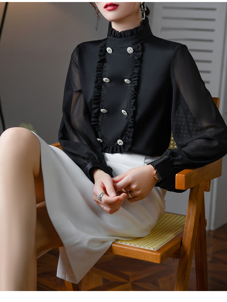 重磅真丝衬衫女春季新款2022双排扣透明袖小性感桑蚕丝衬衣女装