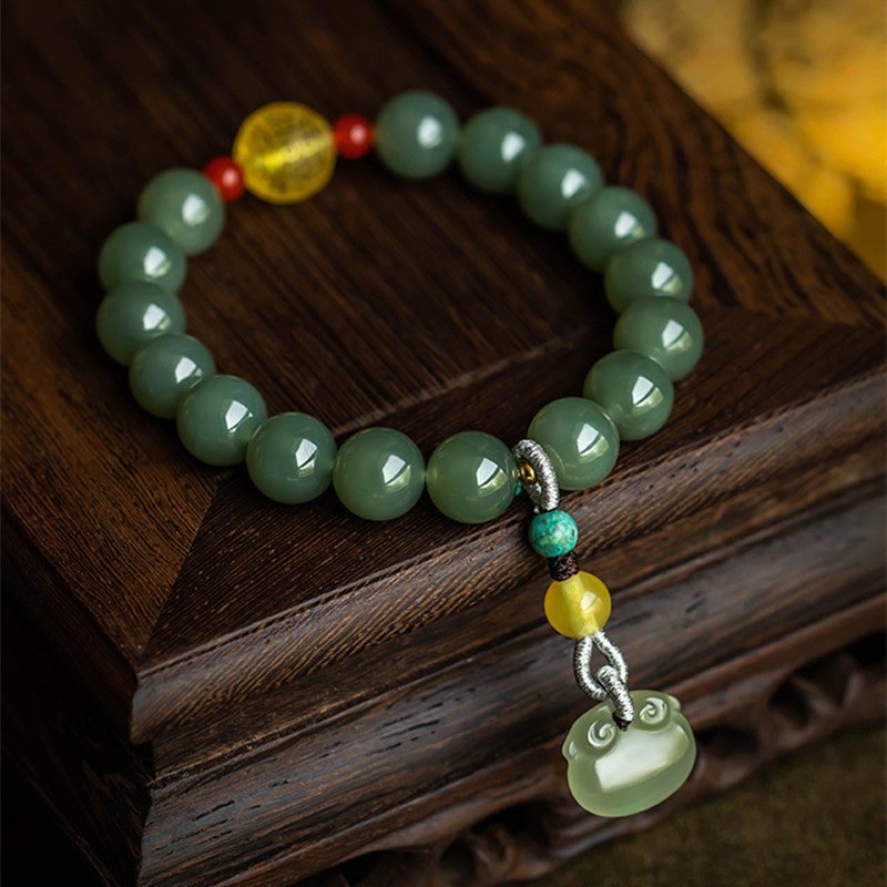 和田青玉佛珠手串10mm单圈圆珠diy民族风饰品女士搭配如意手链