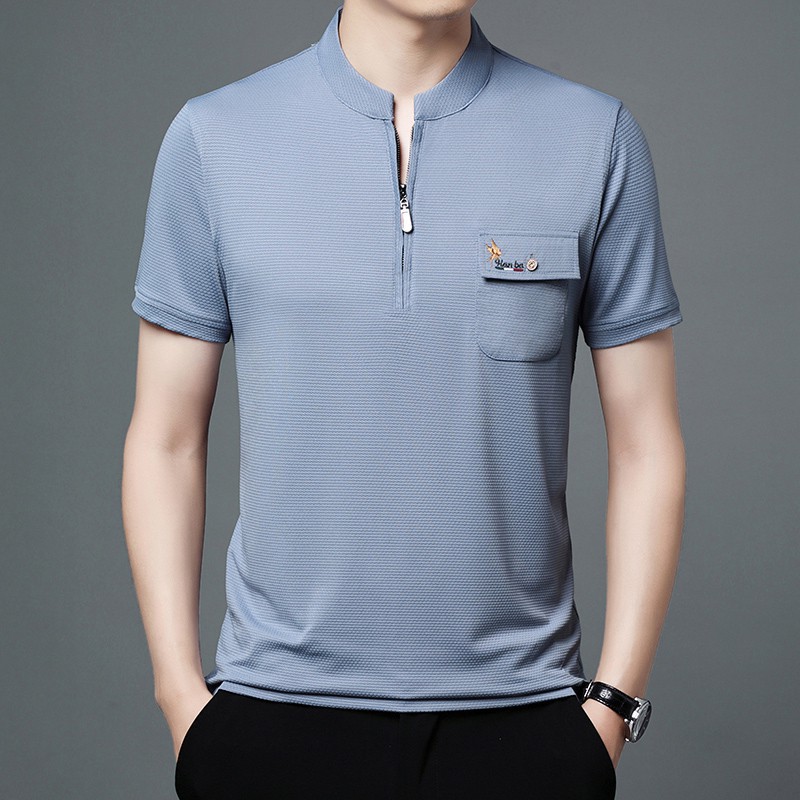 0成交449件厂家直发夏季中青年男士立领短袖t恤衫纯色真口袋休闲polo