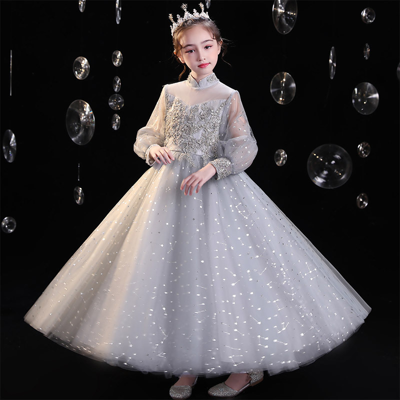 灰色女童公主裙2024秋季儿童模特走秀晚礼服洋气主持人钢琴演出服