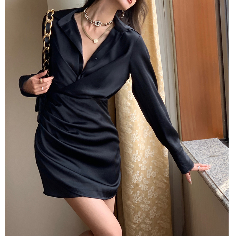 Sparkling Champagne Black Adult Lady like Woman Satin Long Sleeve V-neck Shirt Dress for Women Fitted Waist Pleated Slimming Sheath Dress