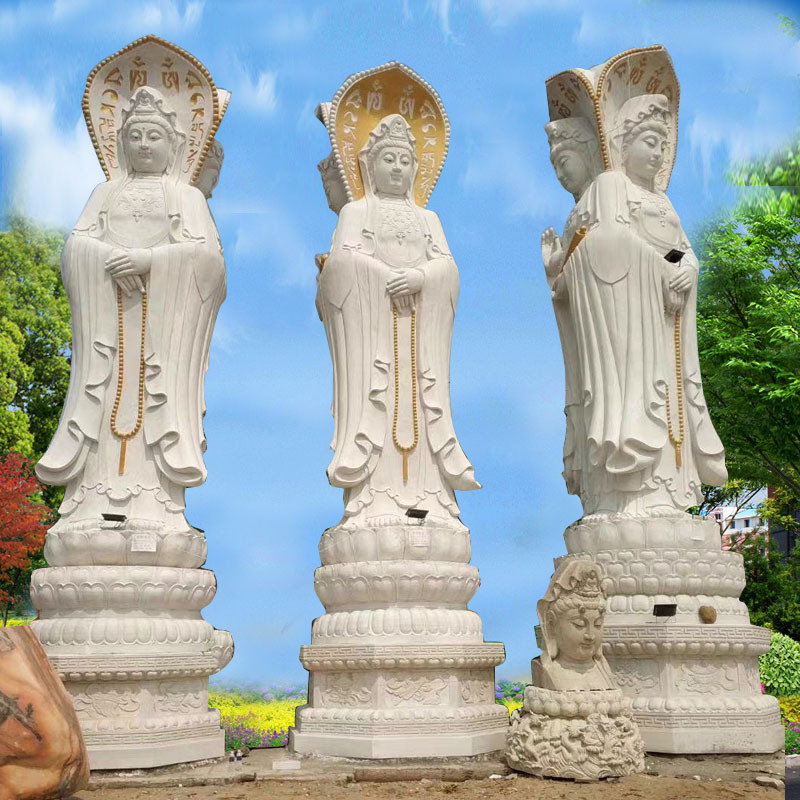 石雕观音汉白玉三面观音佛像大理石三面菩萨神像寺庙观音像定制