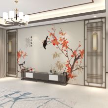 新中式山水花鸟电视背景墙壁布客厅沙发壁纸卧室影视墙布壁画装饰