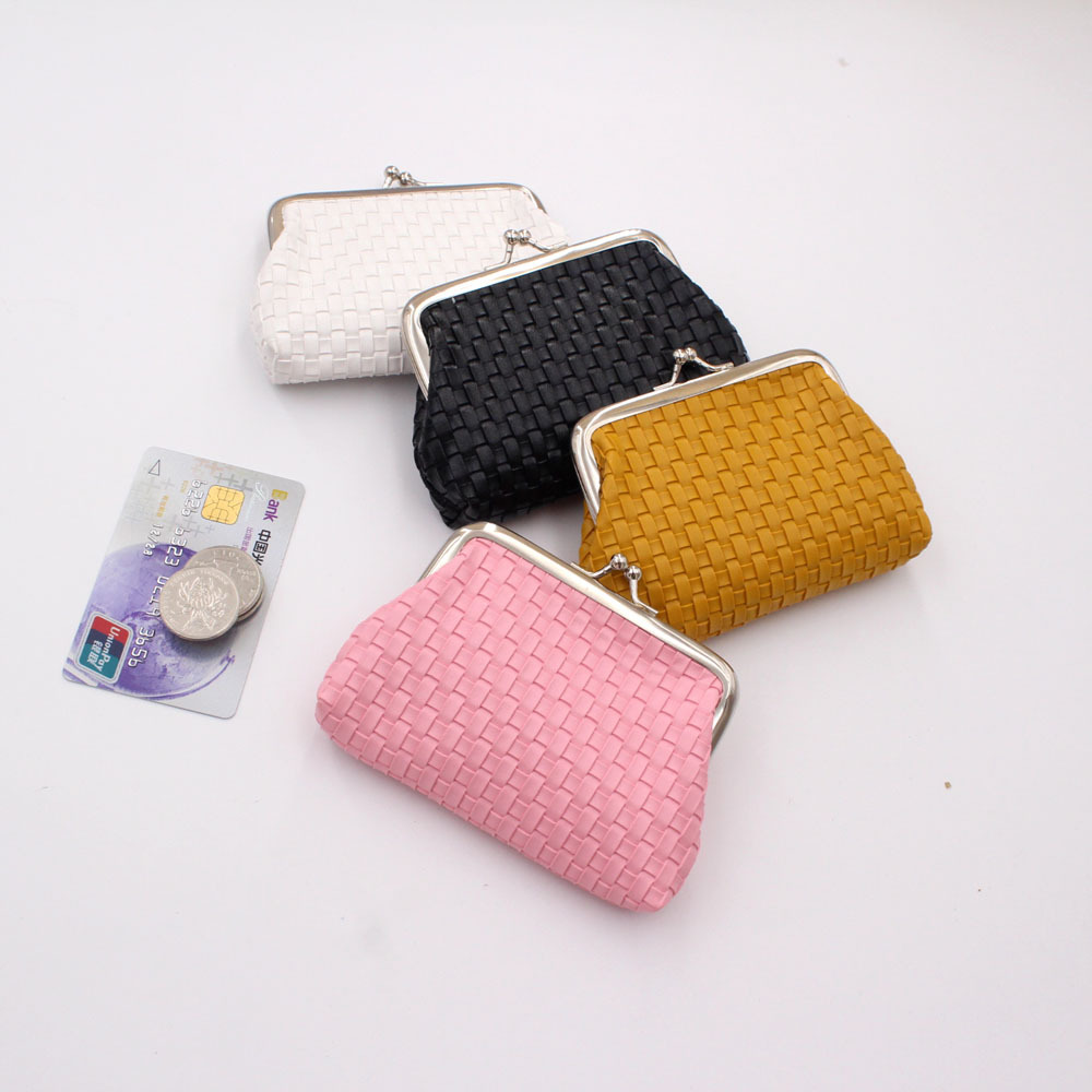 In Stock Wholesale Cross-Border Supply Women's Buckle Coin Purse 4-Inch Clip Bag Pu Woven Card Holder Clutch