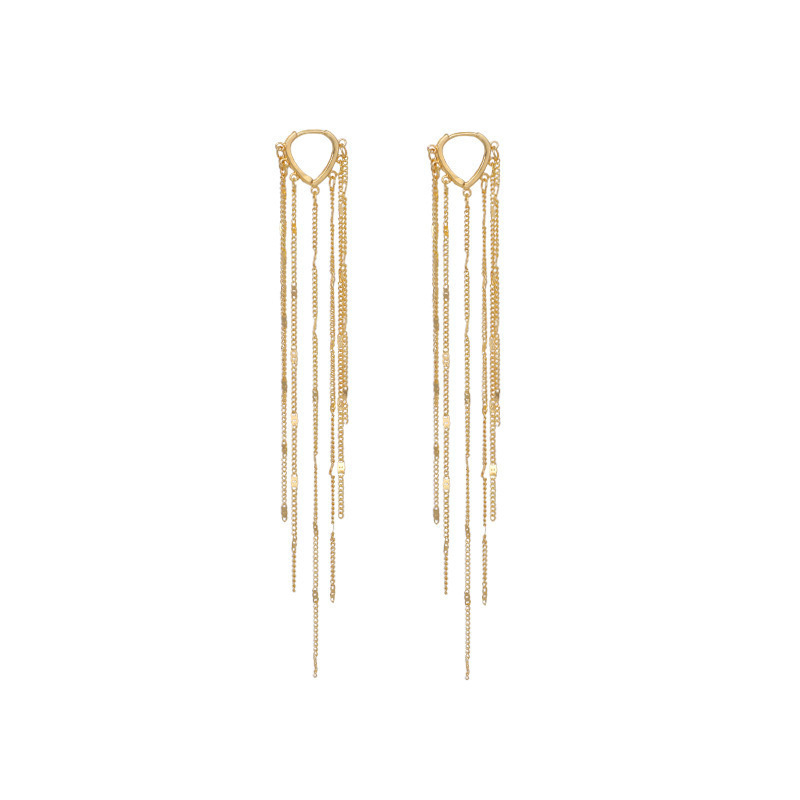 Sterling Silver Needle Retro Hong Kong Style Long Tassel Ear Clip Geometric Fashion Metal Personality Earrings