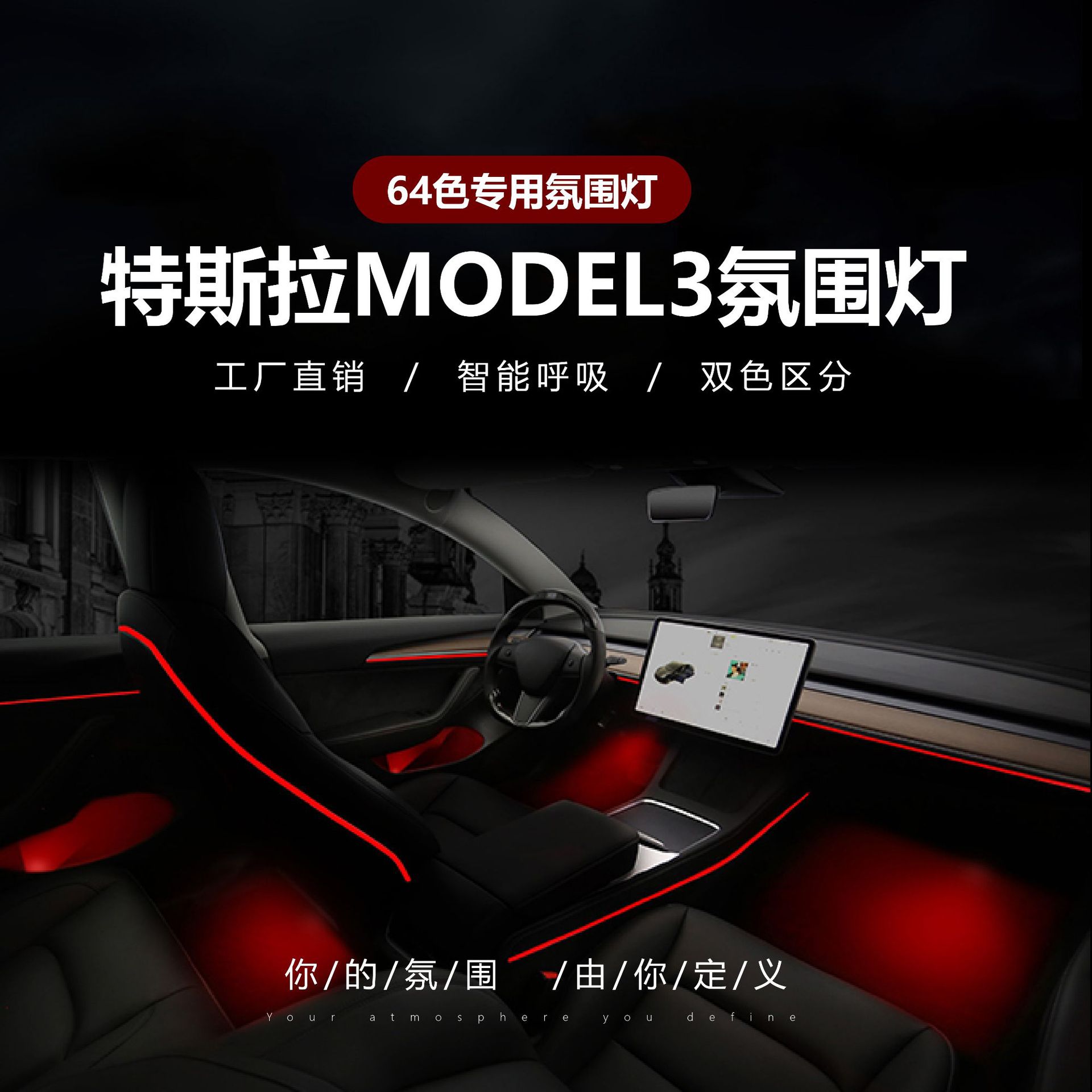适用21-22款特斯拉model3/y镭雕氛围灯改装毛豆车内专用无损安装