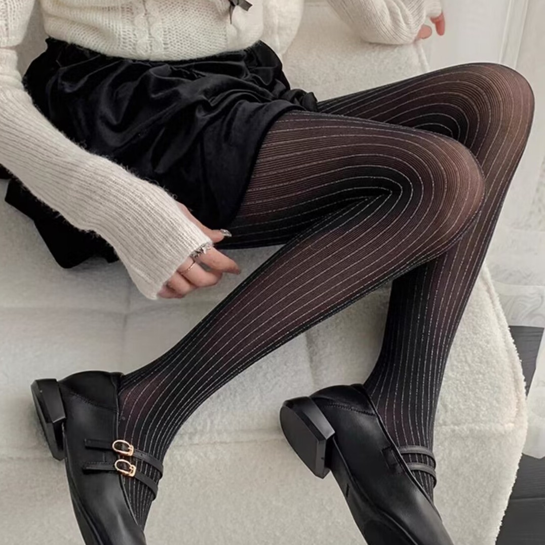 跨境竖条银丝春夏奢华酒红黑丝袜银丝竖纹连裤袜亮丝耐穿防勾丝