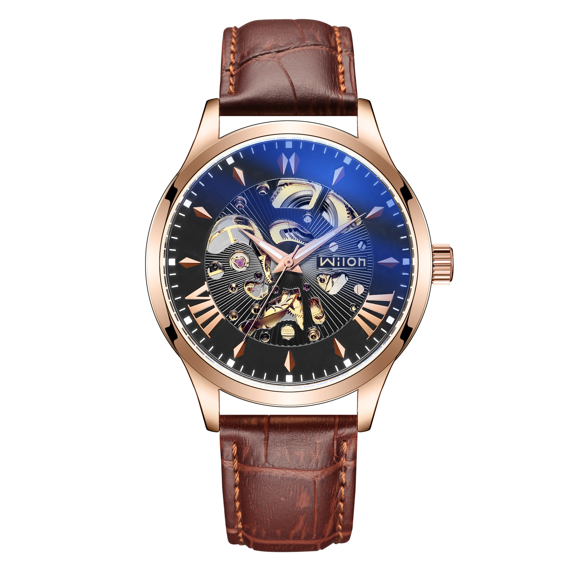 chino wilon品牌方形全自动机械男表真皮带镂空爆款手表一件代发