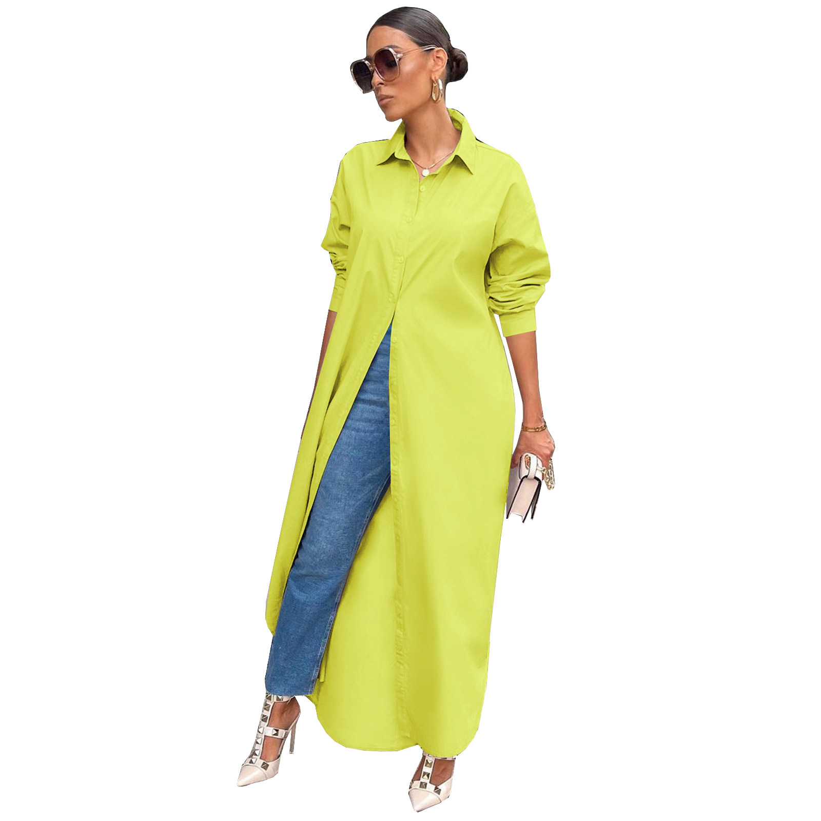 10077 European and American Women's Clothing Autumn and Winter New Fashion Casual Solid Color Long Shirt Coat